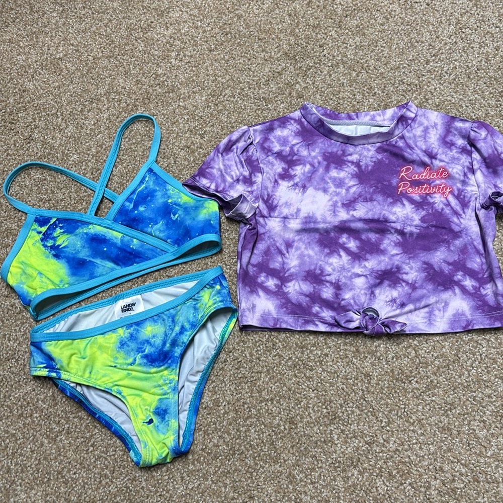 Lands End 2 pc bikini blue & yellow, short sleeve sun shirt, Sz 6,good condition